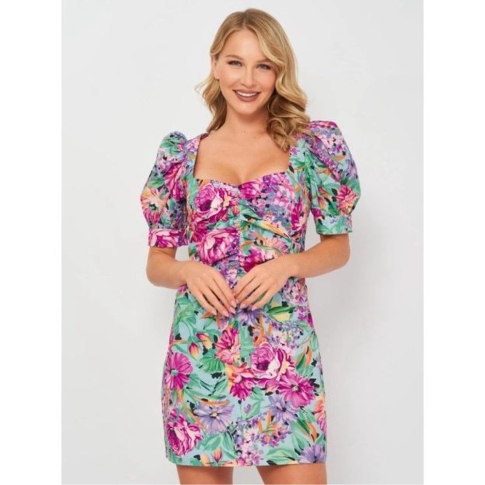 Stradivarius Little Heaven Floral Sweetheart Neck Mini Dress Sz L Puff Sleeve